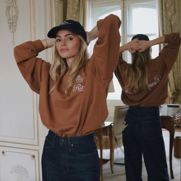 FRAME x Ritz Paris Breakfast In Bed Oversized Sweatshirt XL Camel Brown Collab - Picture 2 of 13